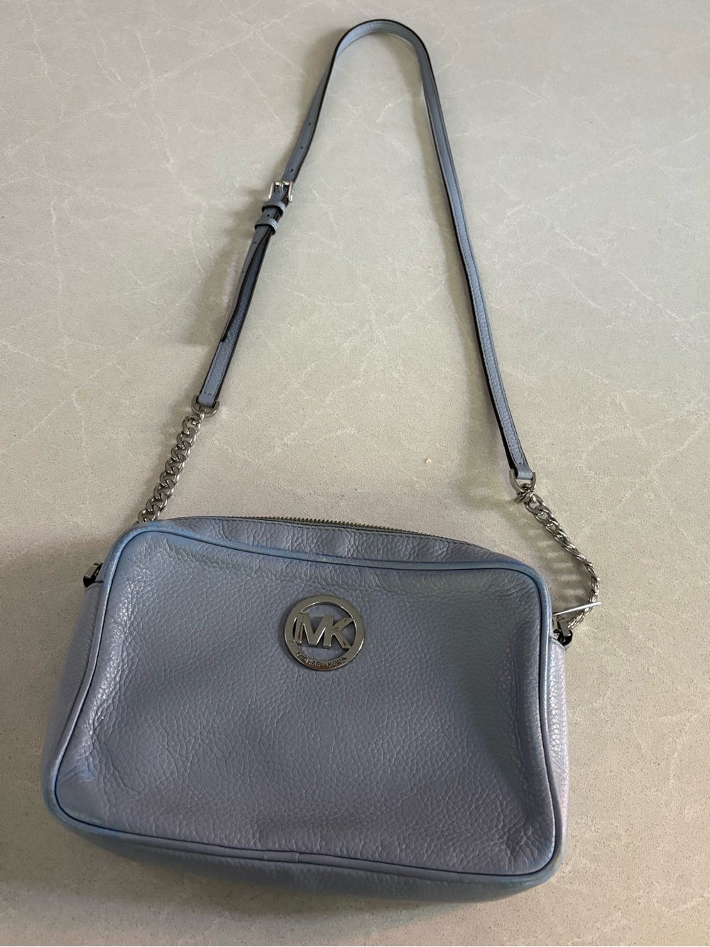 Michael Kors Fulton Pebbled Leather Large Crossbody Bag Slate Blue (Flawed Edges
